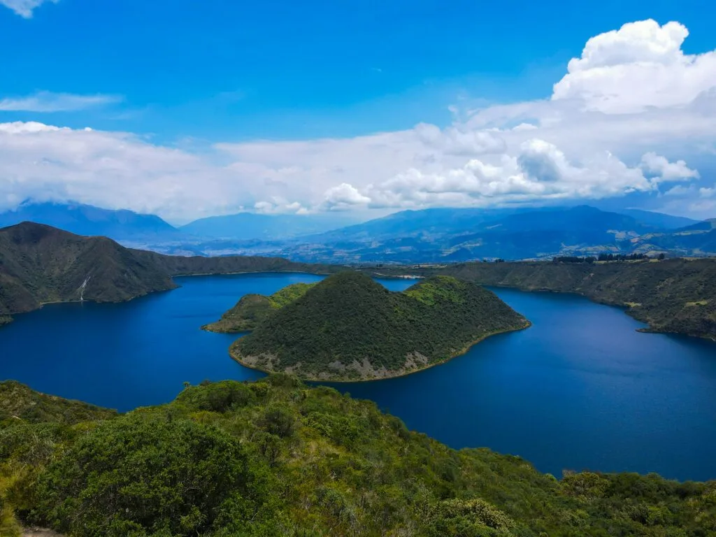 The islands of Lake Cuicocha on a sunny day near Cotocachi and Otavalo, Ecuador