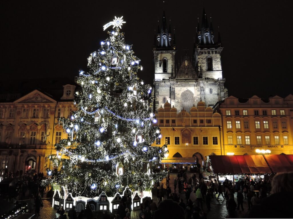The chistmas tree in front of the Church of Our Lady of Tyn in Prague, Czechia