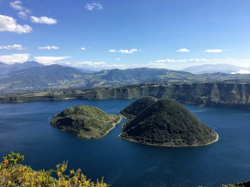 The islands of Lake Cuicocha on a sunny day near Cotocachi and Otavalo, Ecuador