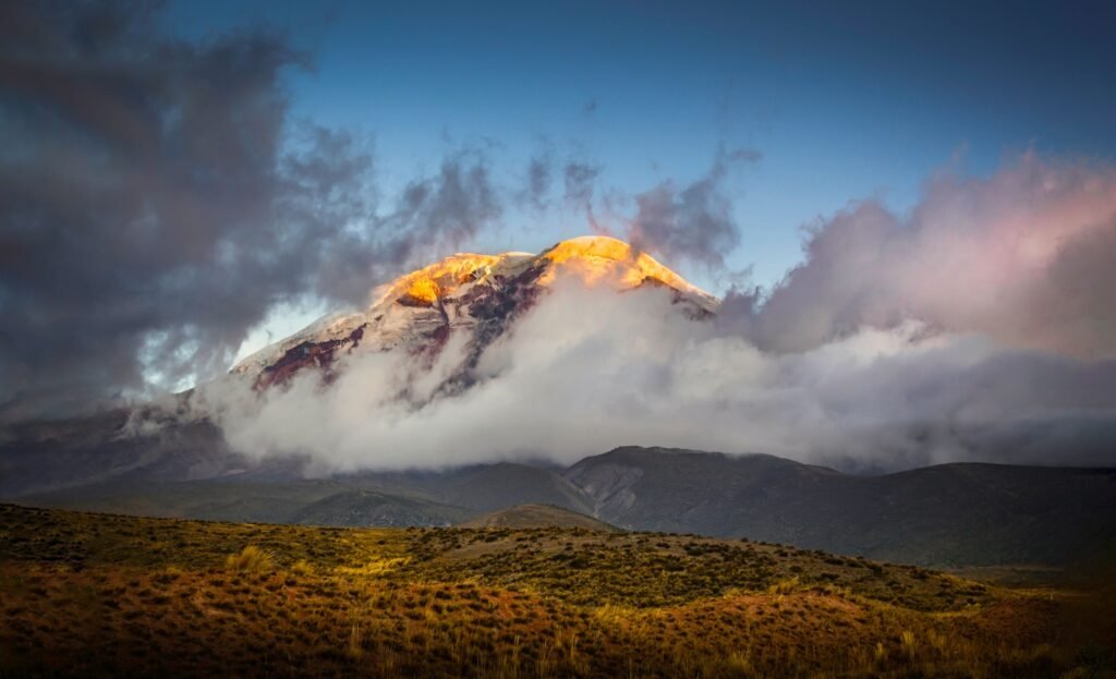 Chimborazo volcano towers over the paramo in Ecuador