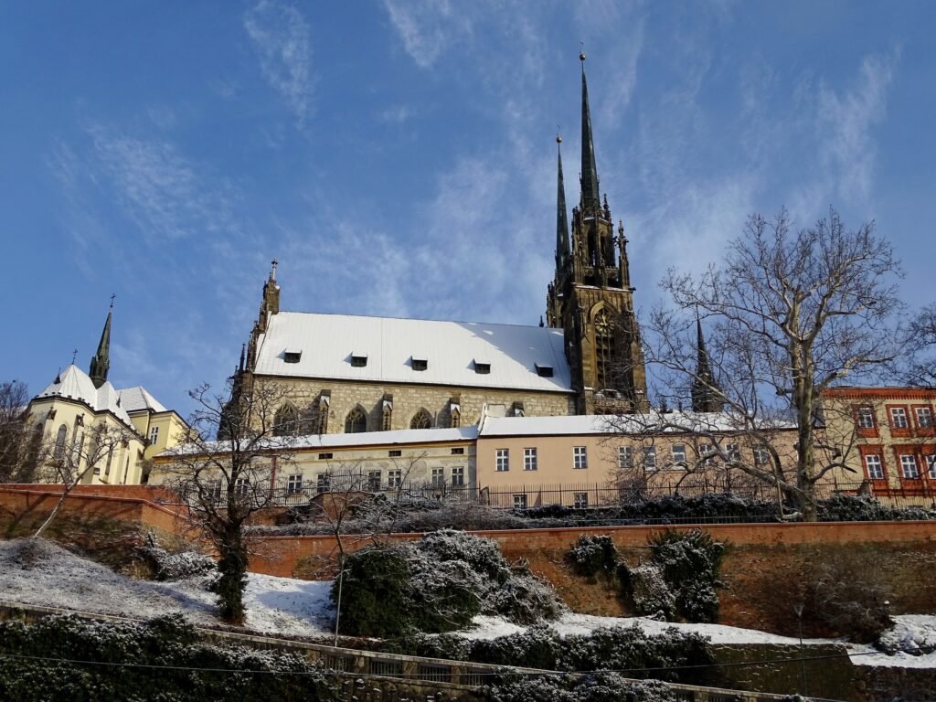The cathedral of Saint Peter and Paul covered in snow in Brno, Czechia
